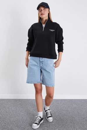 3 İplik London Baskılı Yarım Fermuarlı Sweatshirt