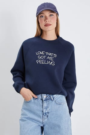 3 İplik Yazı Nakışlı Reglan Kol Oversize Sweatshirt