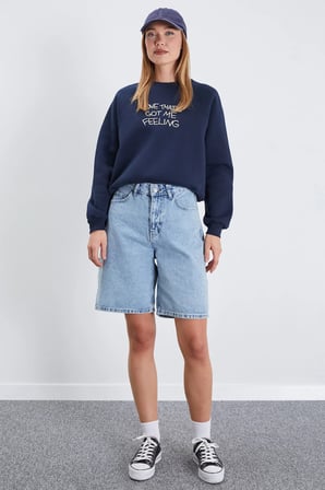3 İplik Yazı Nakışlı Reglan Kol Oversize Sweatshirt