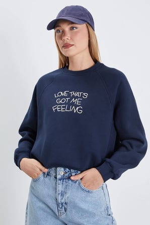3 İplik Yazı Nakışlı Reglan Kol Oversize Sweatshirt
