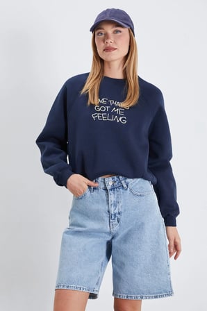 3 İplik Yazı Nakışlı Reglan Kol Oversize Sweatshirt