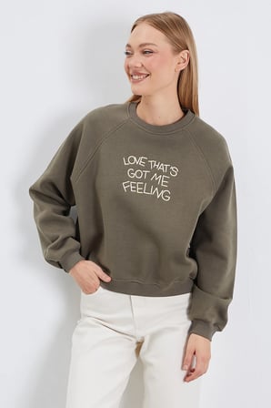 3 İplik Yazı Nakışlı Reglan Kol Oversize Sweatshirt