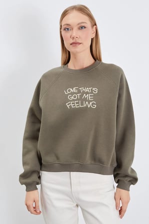 3 İplik Yazı Nakışlı Reglan Kol Oversize Sweatshirt