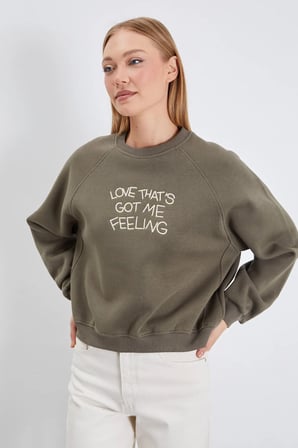 3 İplik Yazı Nakışlı Reglan Kol Oversize Sweatshirt
