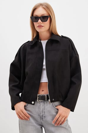 Fermuarlı Polo Yaka Süet Bomber Ceket