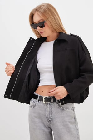 Fermuarlı Polo Yaka Süet Bomber Ceket