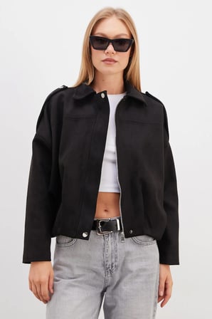 Fermuarlı Polo Yaka Süet Bomber Ceket