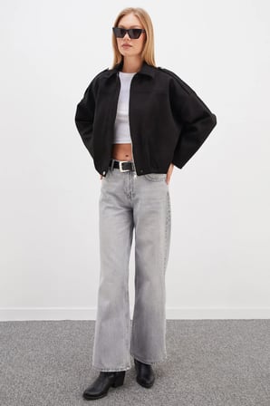 Fermuarlı Polo Yaka Süet Bomber Ceket