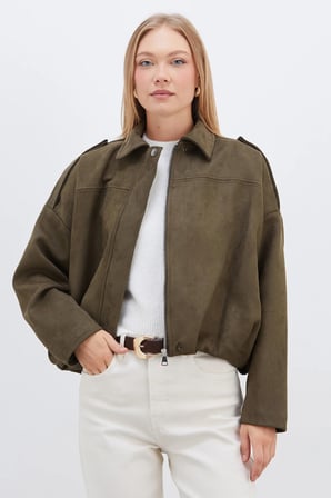 Fermuarlı Polo Yaka Süet Bomber Ceket