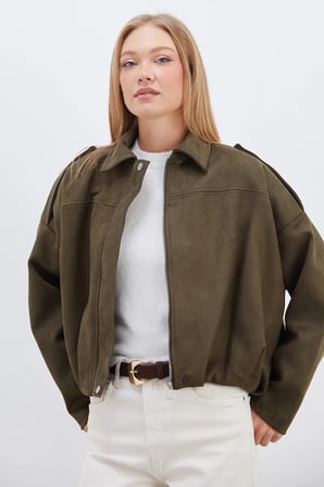 Fermuarlı Polo Yaka Süet Bomber Ceket