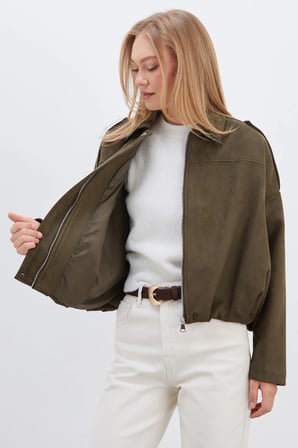 Fermuarlı Polo Yaka Süet Bomber Ceket
