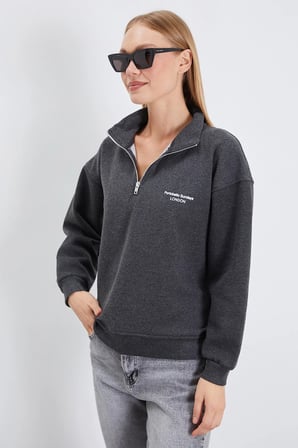 3 İplik London Baskılı Yarım Fermuarlı Sweatshirt