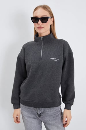 3 İplik London Baskılı Yarım Fermuarlı Sweatshirt
