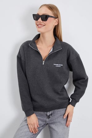 3 İplik London Baskılı Yarım Fermuarlı Sweatshirt