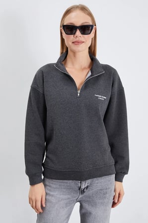 3 İplik London Baskılı Yarım Fermuarlı Sweatshirt
