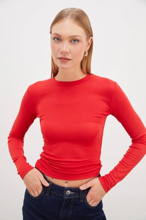 Basic Bisiklet Yaka Slim Fit Crop Bluz