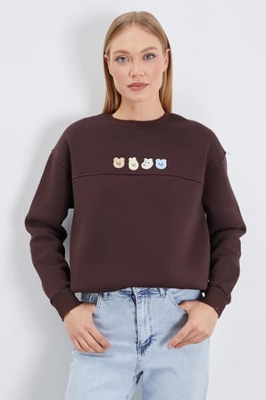 3 İplik Ayıcık Nakışlı Stoperli Oversize Sweatshirt