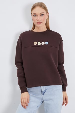 3 İplik Ayıcık Nakışlı Stoperli Oversize Sweatshirt