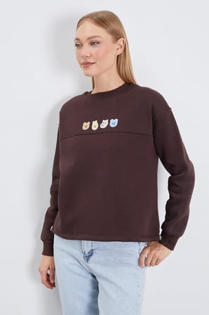 3 İplik Ayıcık Nakışlı Stoperli Oversize Sweatshirt