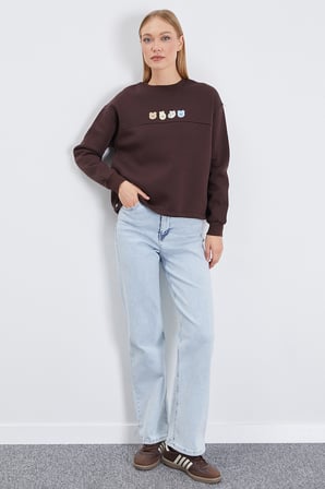 3 İplik Ayıcık Nakışlı Stoperli Oversize Sweatshirt