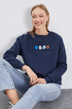 3 İplik Ayıcık Nakışlı Stoperli Oversize Sweatshirt