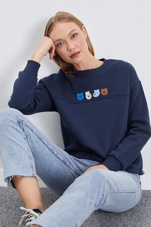 3 İplik Ayıcık Nakışlı Stoperli Oversize Sweatshirt