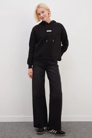 3 İplik Active Baskılı Kapüşonlu Stoperli Oversize Sweatshirt