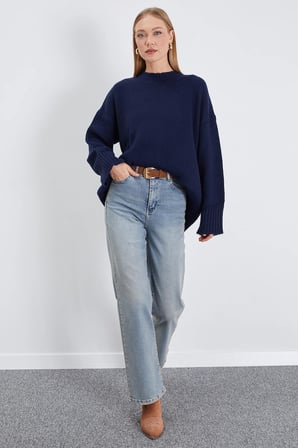 Basic Bisiklet Yaka Oversize Triko Kazak