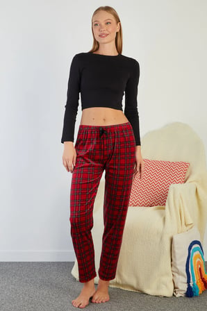 Ekose Desenli Beli Lastikli Kadife Pijama Altı