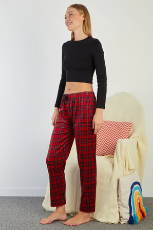 Ekose Desenli Beli Lastikli Kadife Pijama Altı