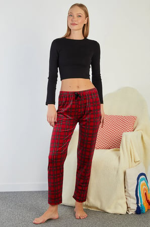 Ekose Desenli Beli Lastikli Kadife Pijama Altı