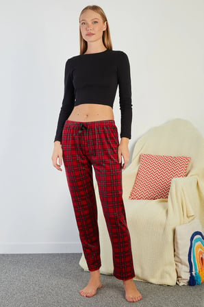 Ekose Desenli Beli Lastikli Kadife Pijama Altı