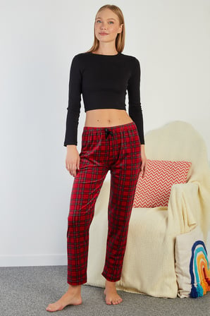 Ekose Desenli Beli Lastikli Kadife Pijama Altı