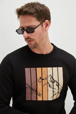 3 İplik Dağ Baskılı Bisiklet Yaka Sweatshirt