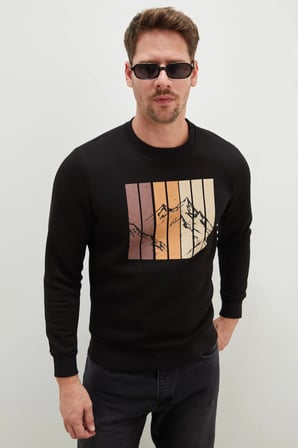 3 İplik Dağ Baskılı Bisiklet Yaka Sweatshirt