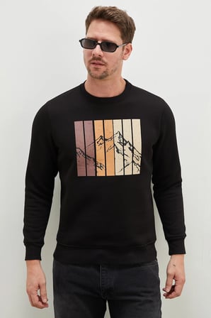 3 İplik Dağ Baskılı Bisiklet Yaka Sweatshirt