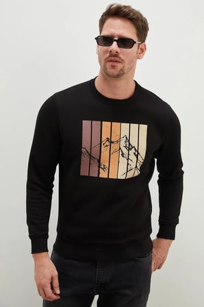 3 İplik Dağ Baskılı Bisiklet Yaka Sweatshirt