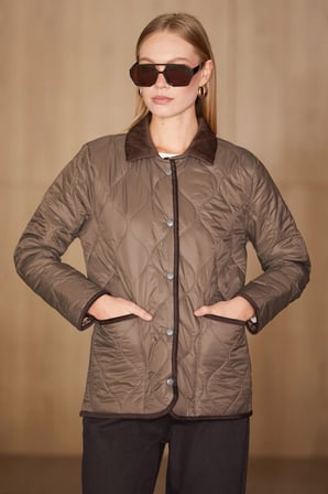 Su Yolu Desenli Kadife Detaylı Kapitone Mont