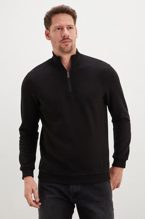 Fitilli Dik Yaka Yarım Fermuarlı Sweatshirt