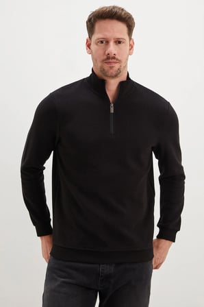 Fitilli Dik Yaka Yarım Fermuarlı Sweatshirt