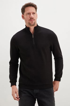 Fitilli Dik Yaka Yarım Fermuarlı Sweatshirt
