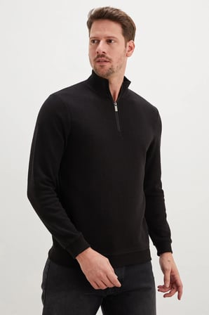 Fitilli Dik Yaka Yarım Fermuarlı Sweatshirt