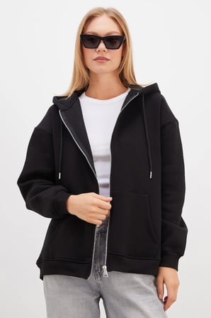 3 İplik Basic Fermuarlı Kapüşonlu Oversize Sweatshirt
