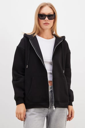 3 İplik Basic Fermuarlı Kapüşonlu Oversize Sweatshirt