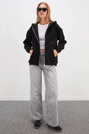 3 İplik Basic Fermuarlı Kapüşonlu Oversize Sweatshirt