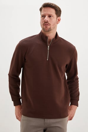 Fitilli Yarım Fermuarlı Dik Yaka Sweatshirt
