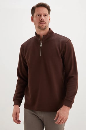 Fitilli Yarım Fermuarlı Dik Yaka Sweatshirt