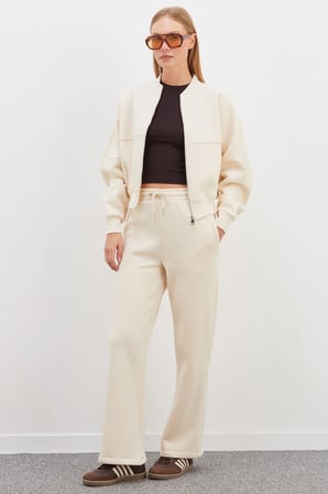 3 İplik Basic Fermuarlı Dik Yaka Crop Sweatshirt