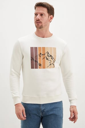 3 İplik Dağ Baskılı Bisiklet Yaka Sweatshirt