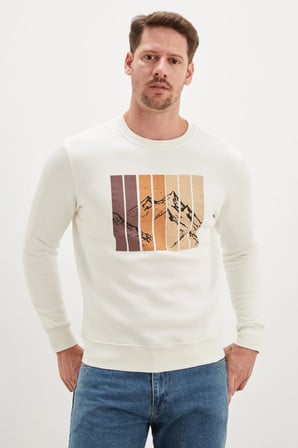 3 İplik Dağ Baskılı Bisiklet Yaka Sweatshirt
